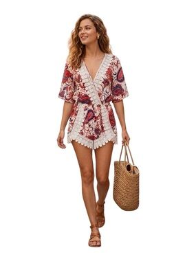 Vizio Italia Paisley Lace Trim Romper Size Small Boho Faux Wrap Festival